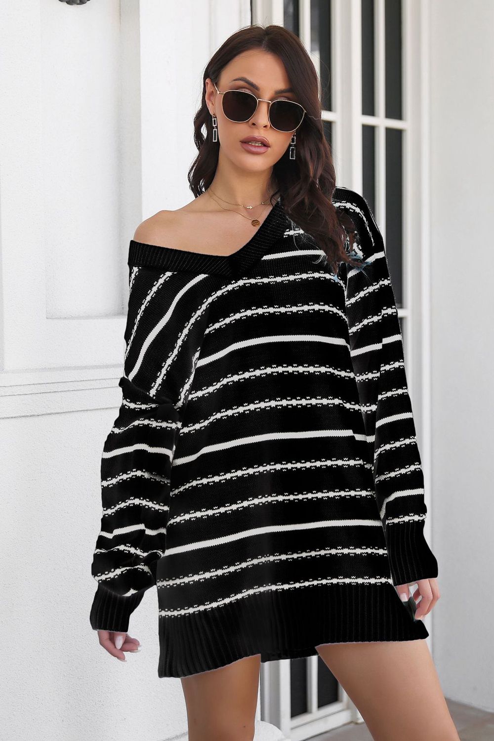 Avery Aria Striped V-Neck Sweater Dress