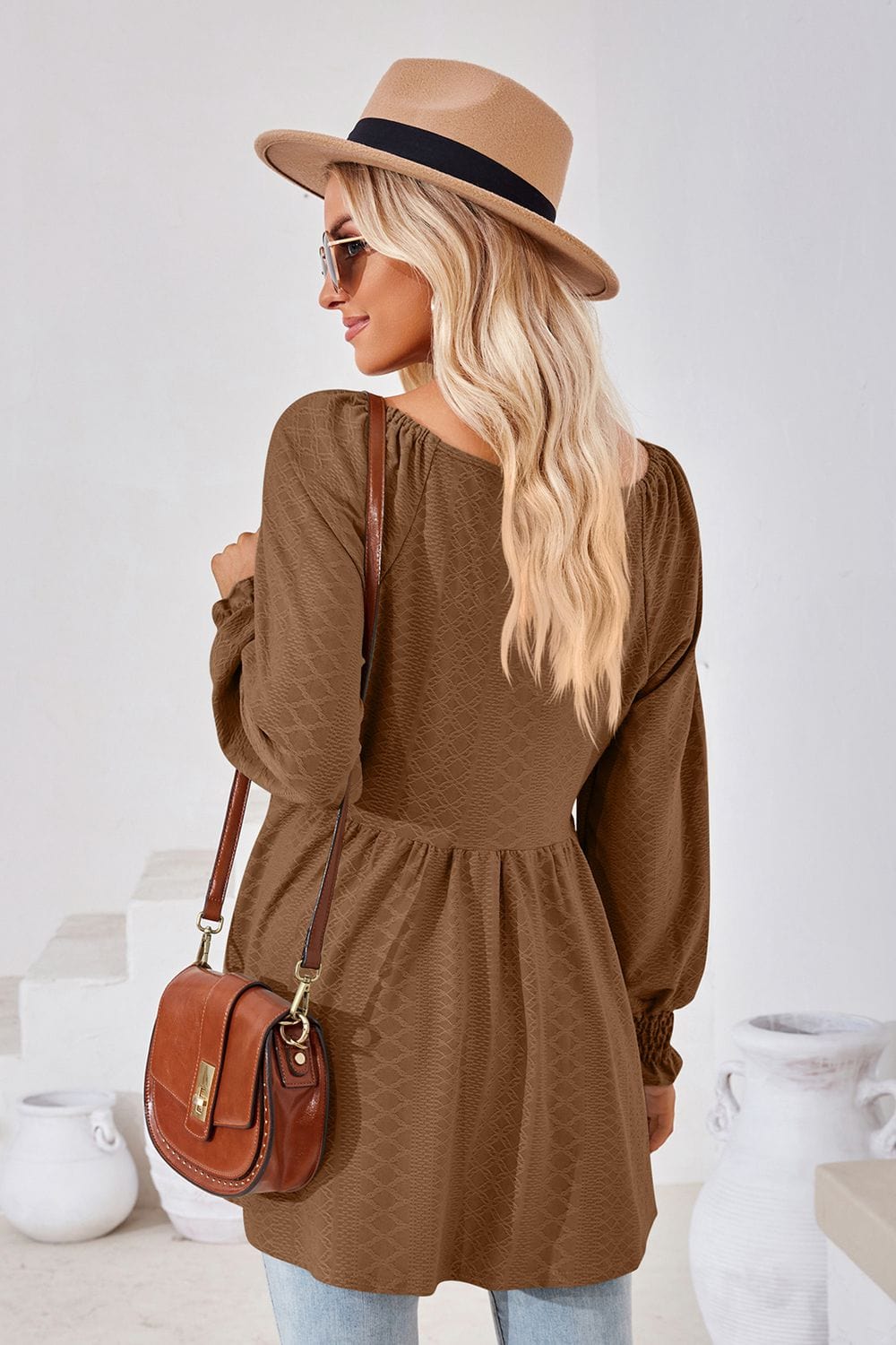 Full Size V-Neck Lantern Sleeve Blouse