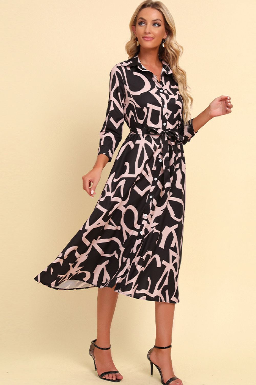 Women's Printed Button Front Belted Midi Dress