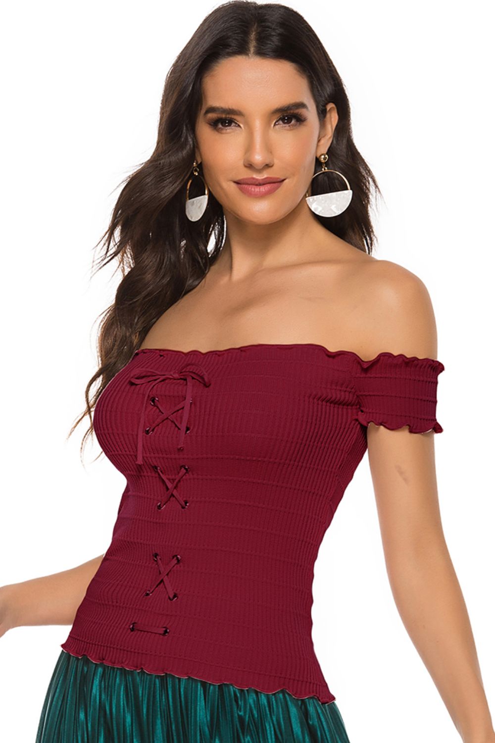 Malibu Dreams Lace-Up Front Lettuce Hem Off-Shoulder Knit Top