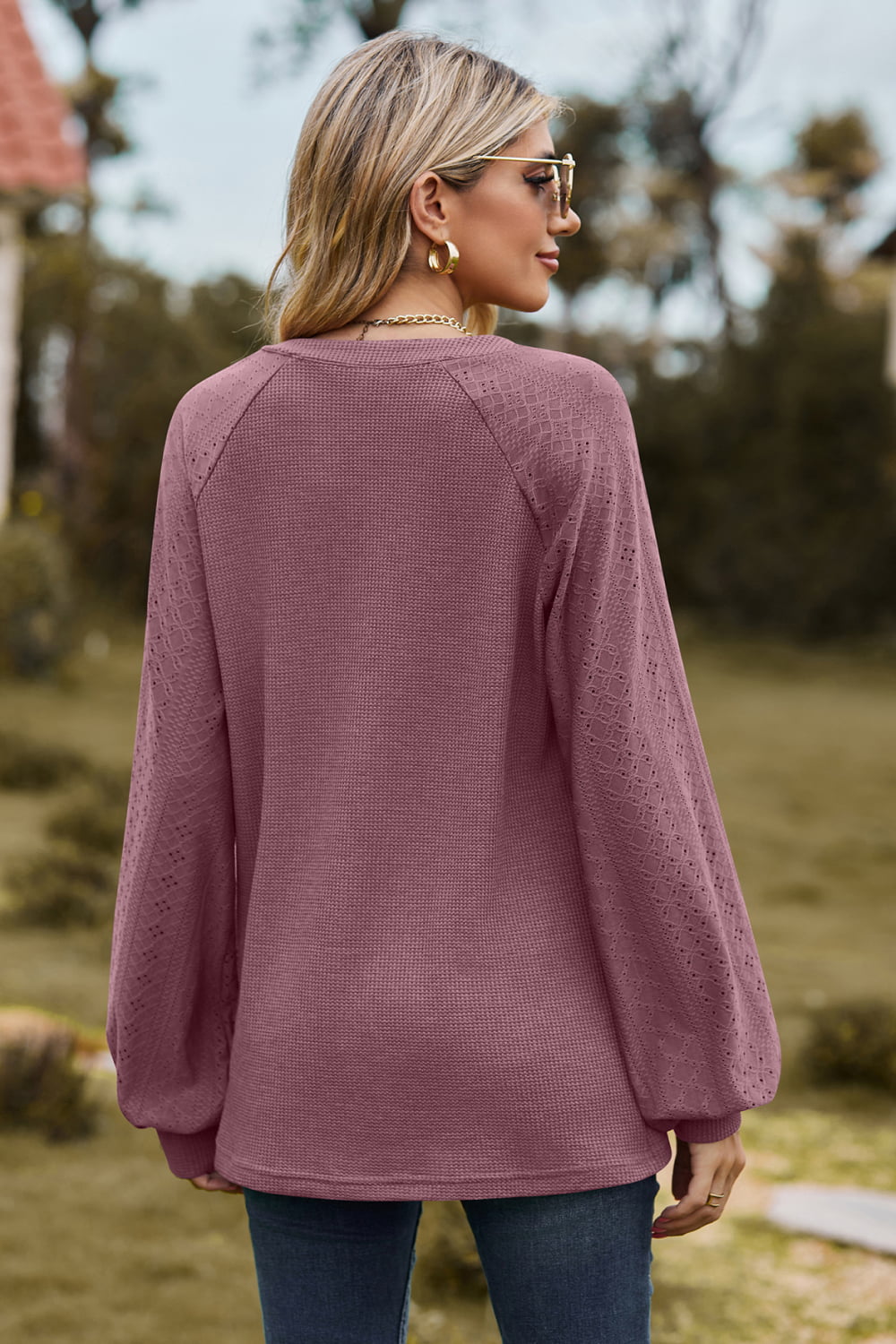 Full Size Notched Neck Raglan Sleeve Blouse