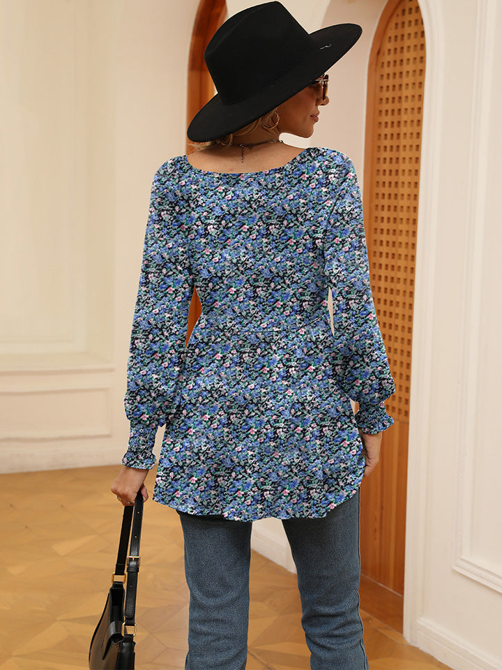 Full Size Printed V-Neck Lantern Sleeve Blouse