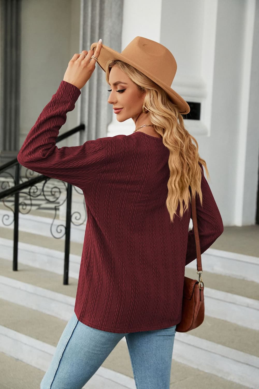 Full Size Decorative Button V-Neck Long Sleeve T-Shirt