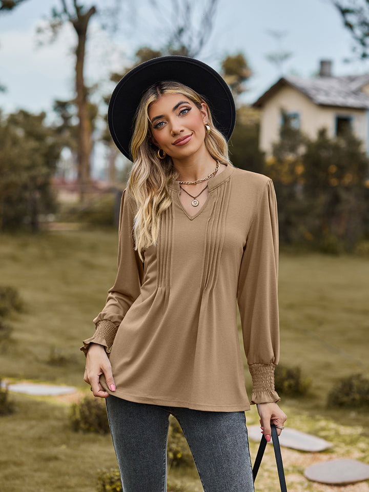 Full Size Notched Neck Flounce Sleeve Blouse