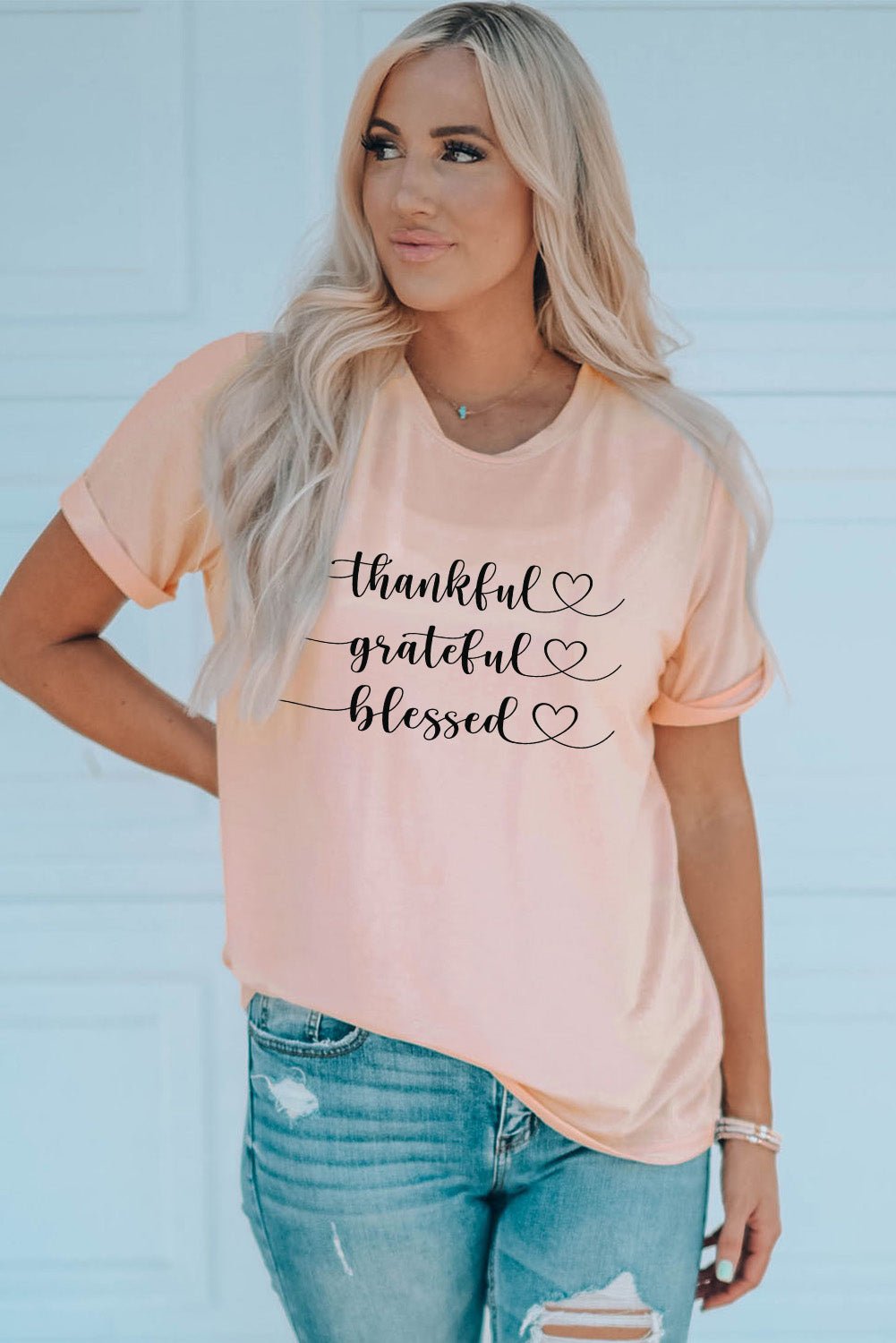 Full Size THANKFUL GRATEFUL BLESSED Graphic Round Neck Pink Tee