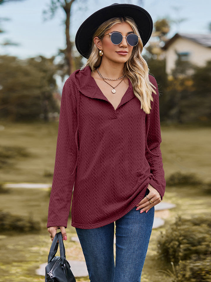 Full Size Cable-Knit Hooded Blouse