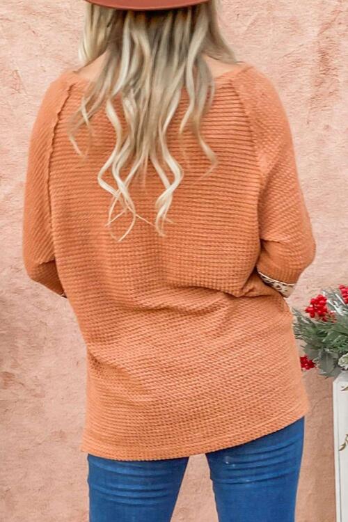 Sherbet Orange Waffle-Knit Leopard Long Sleeve Slit Blouse