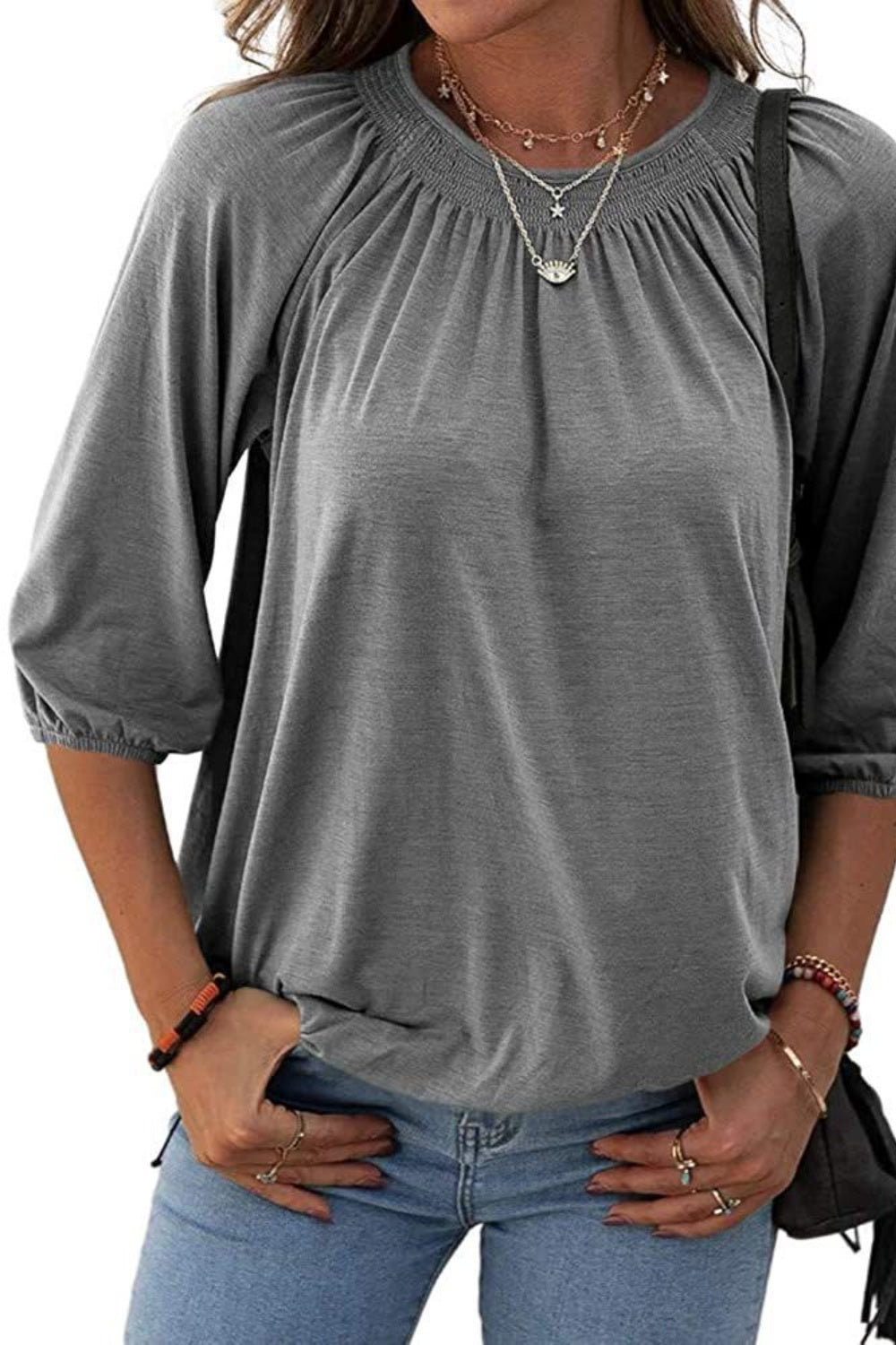 Full Size Gathered Detail Round Neck T-Shirt