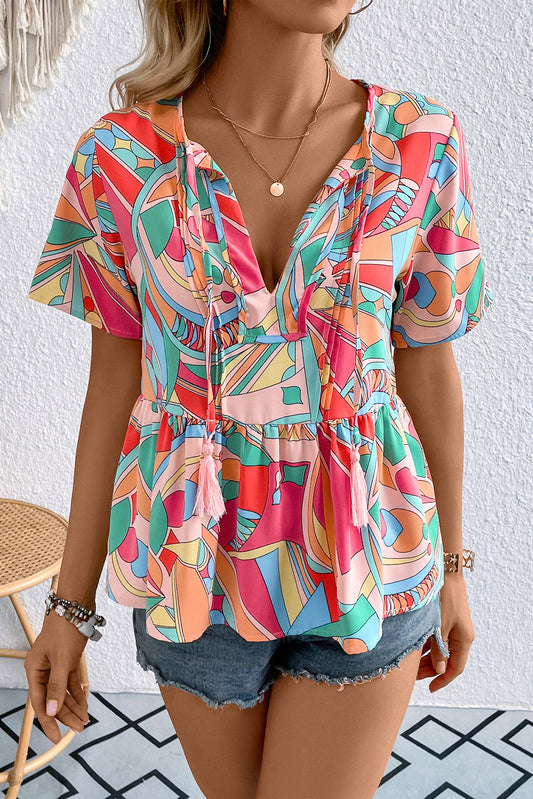 SO CHIC Printed Tie Neck Short Sleeve Blouse