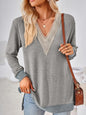 Crochet Contrast V-Neck Long Sleeve Slit T-Shirt