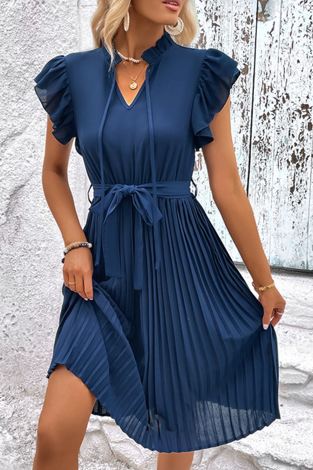 SO JAMAH Tie Neck Belted Pleated Dress