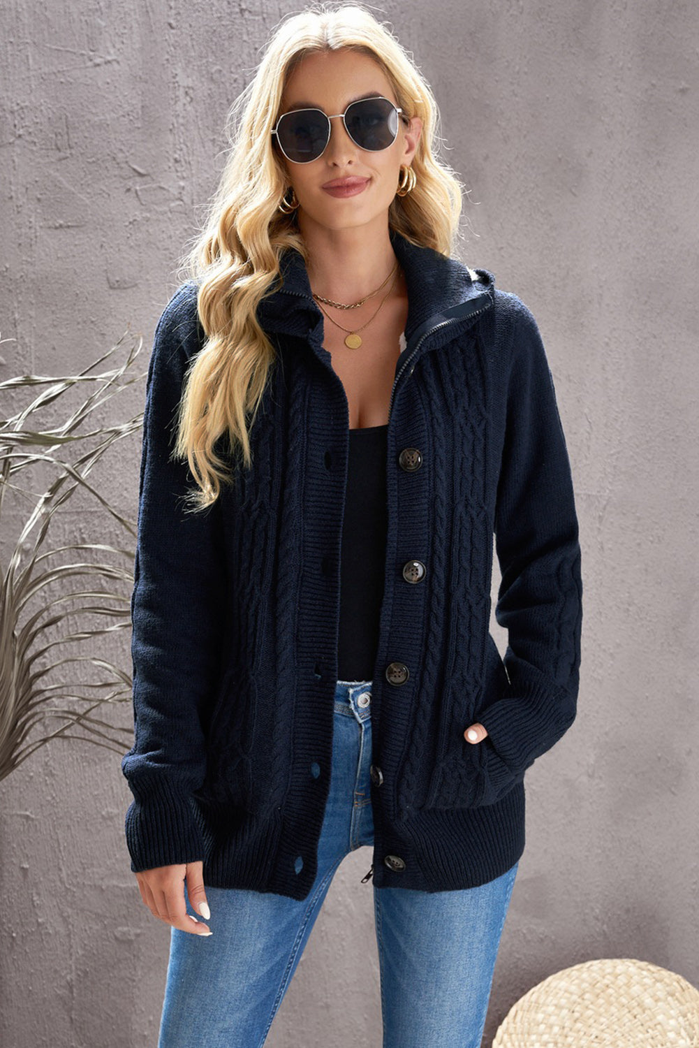 Women's Full Size Cable-Knit Fleece Lining Button-Up Hooded Cardigan