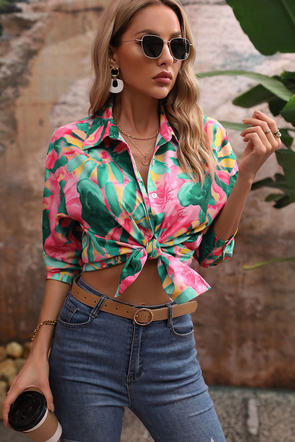 AuroraBlissX Floral Print Collared Neck Long Sleeve Shirt
