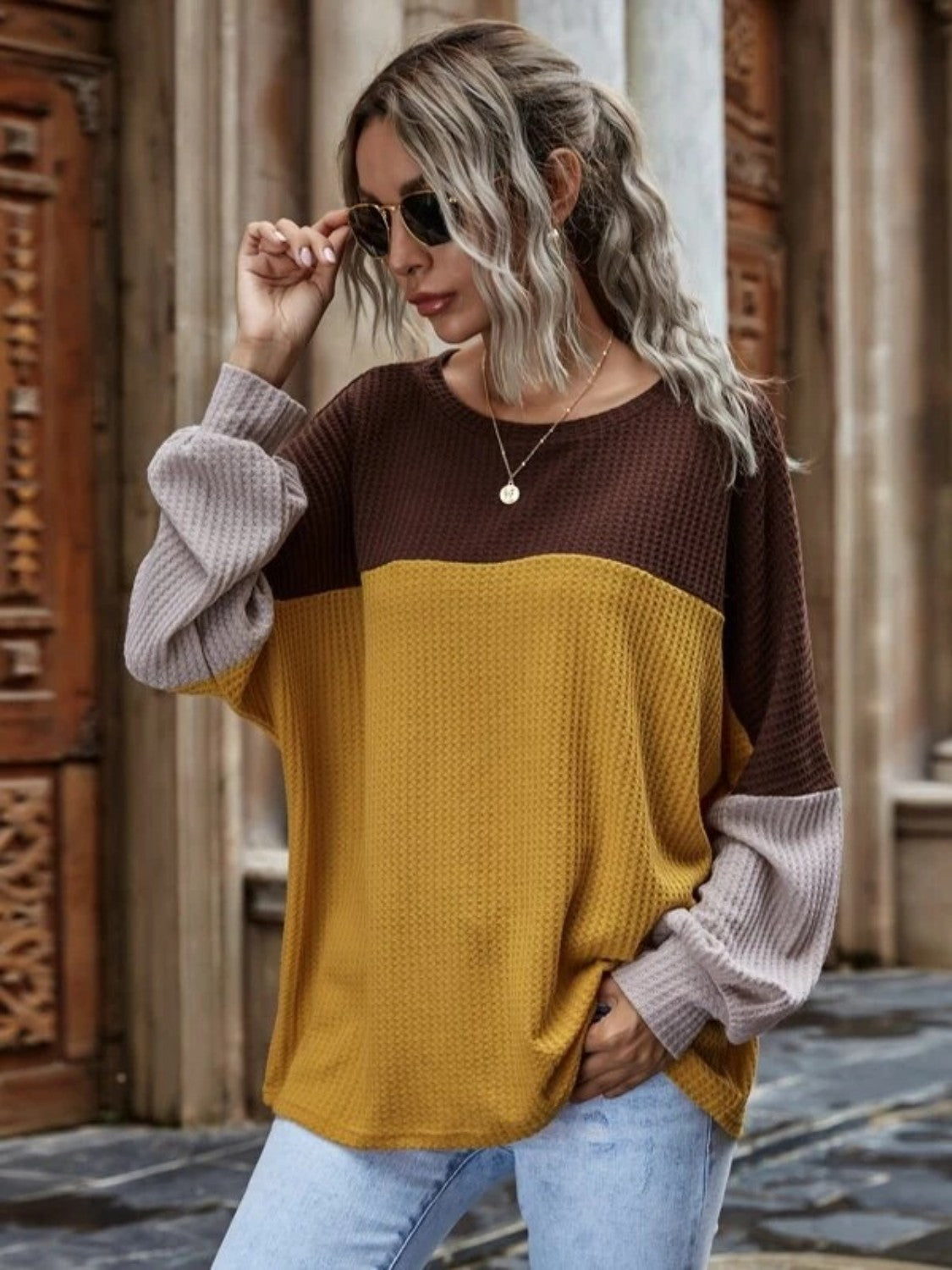 Full Size Color Block Waffle-Knit Long Sleeve Top