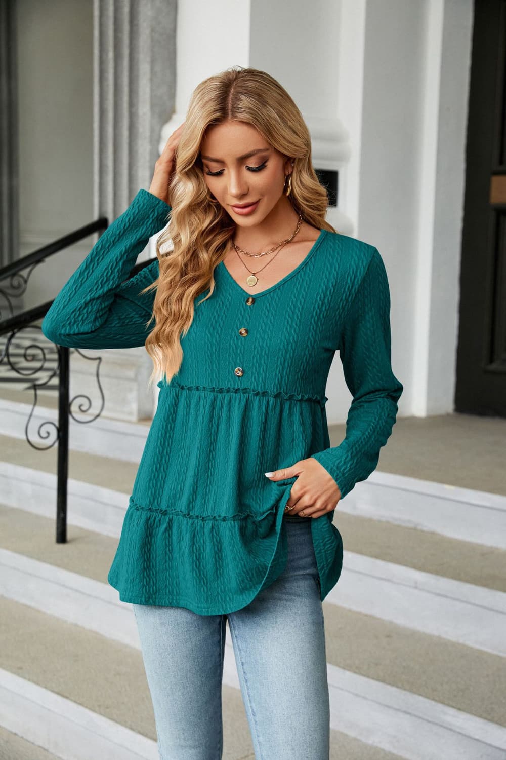 Full Size Long Sleeve V-Neck Cable-Knit Blouse