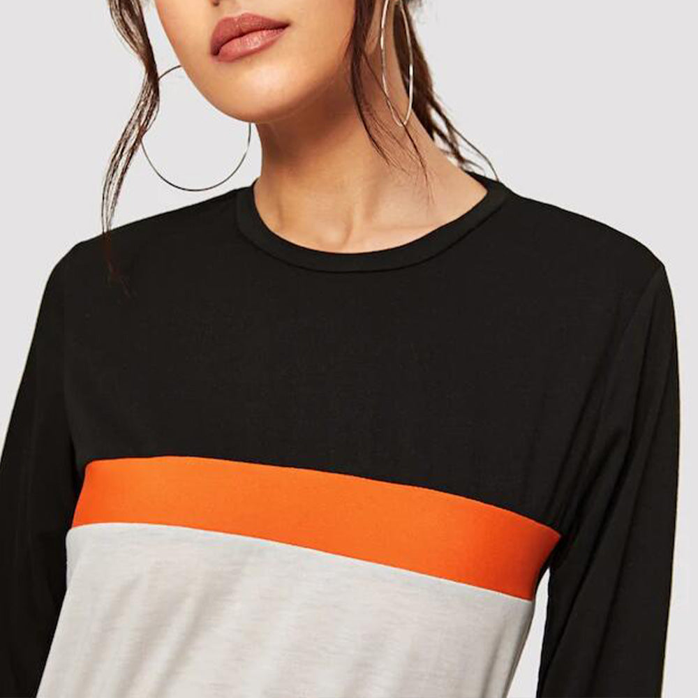 Color Block Round Neck Long Sleeve Tee