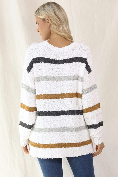 LoversLane Striped Round Neck White Long Sleeve Sweater