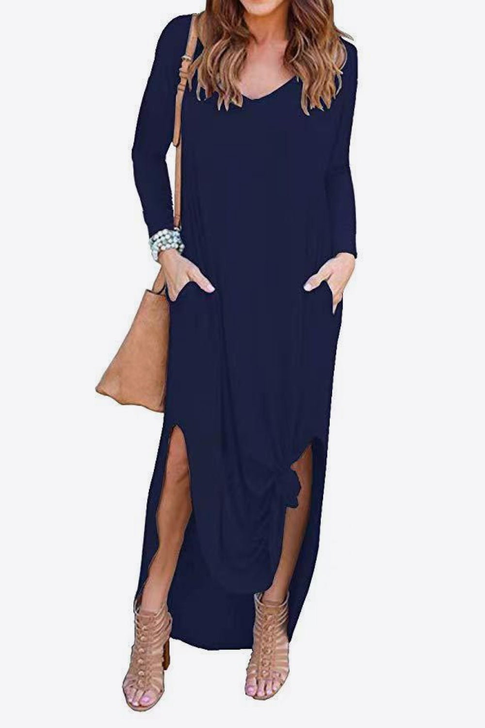 Women's Full Size Split Long Sleeve V-Neck Maxi Dress