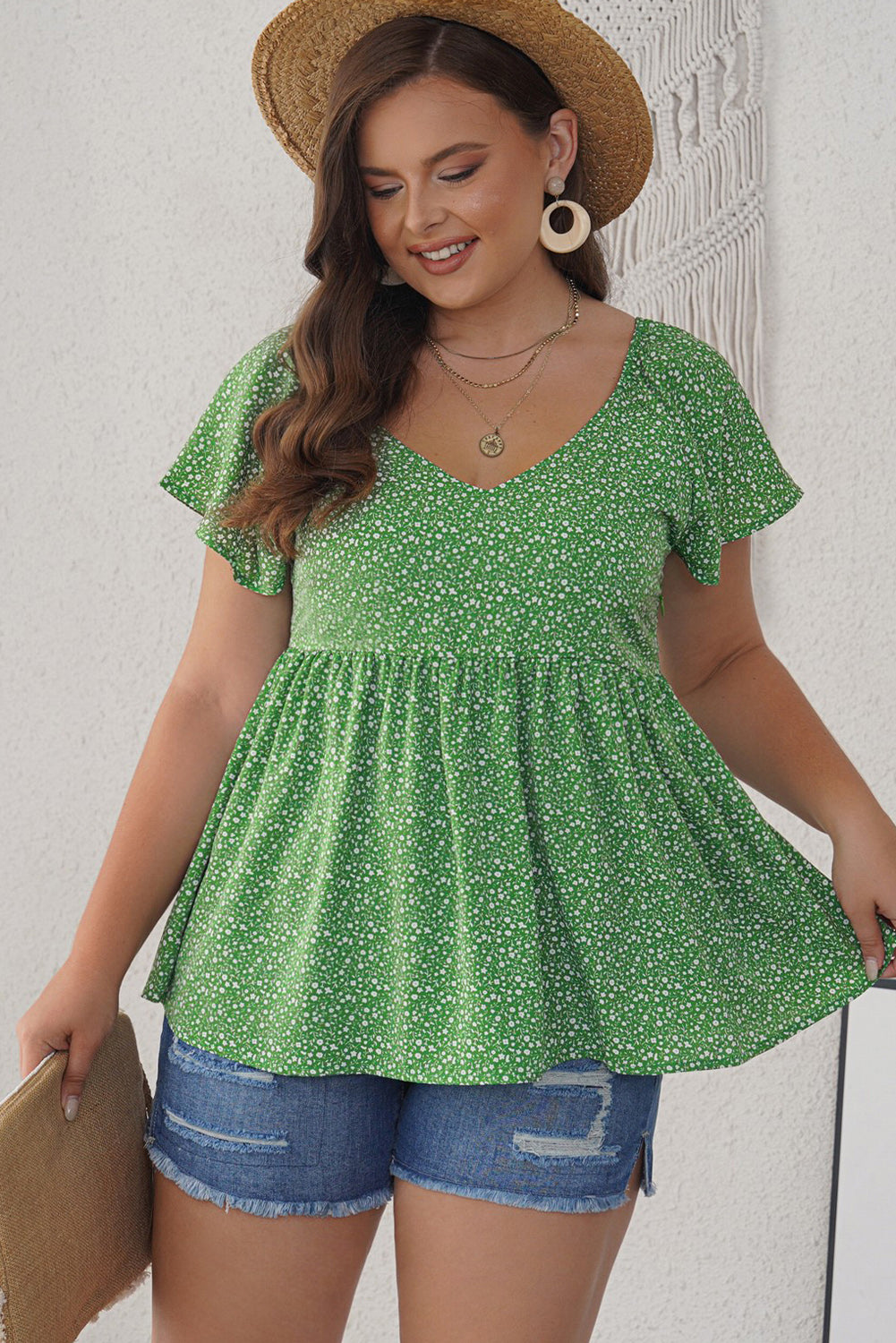 Plus Size Ditsy Floral Flutter Sleeve Peplum Blouse