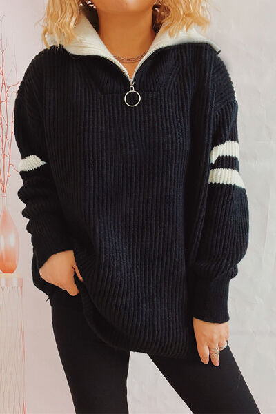 Quarter Zip Striped Dropped Shoulder Sweater