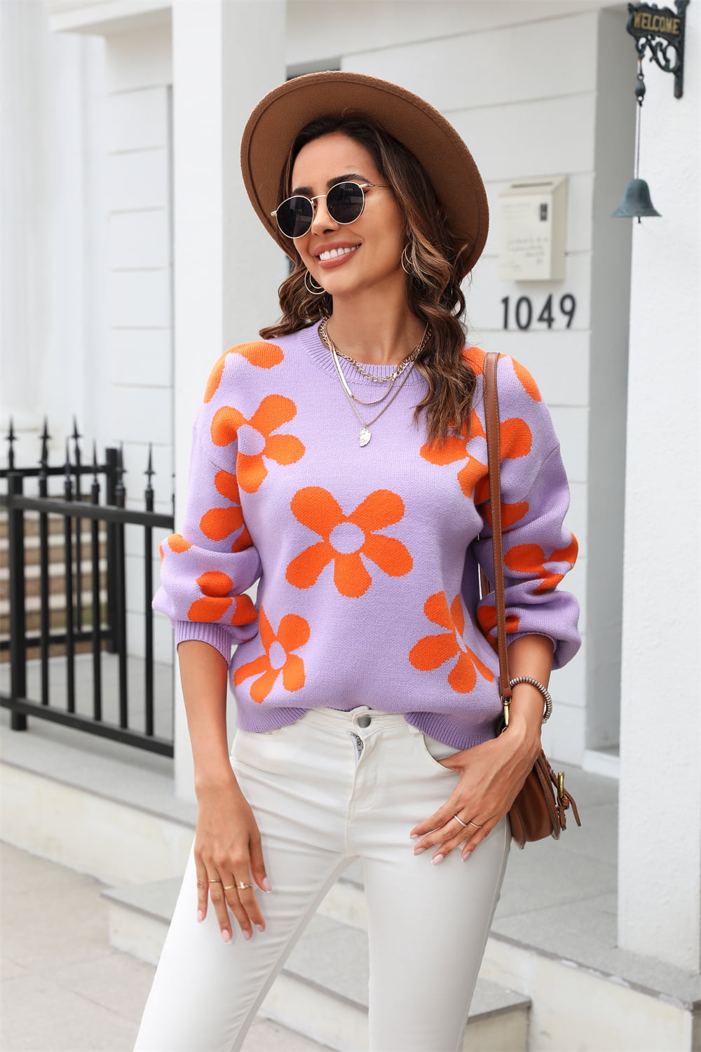 Hannah&Mea Floral Print Round Neck Dropped Shoulder Pullover Sweater