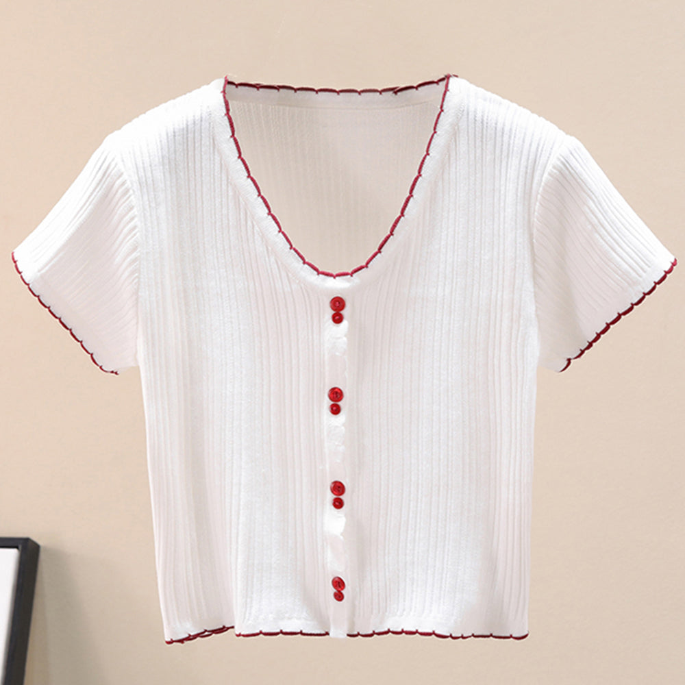 Women's Contrast Decorative Button Short Sleeve Knit Top