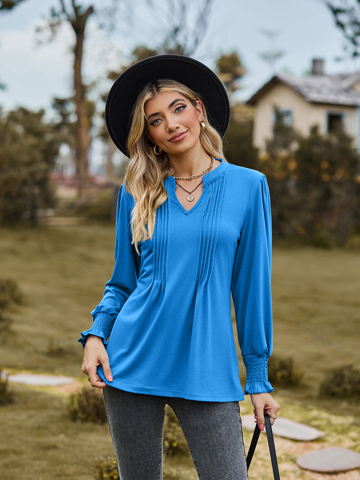 Full Size Notched Neck Flounce Sleeve Blouse