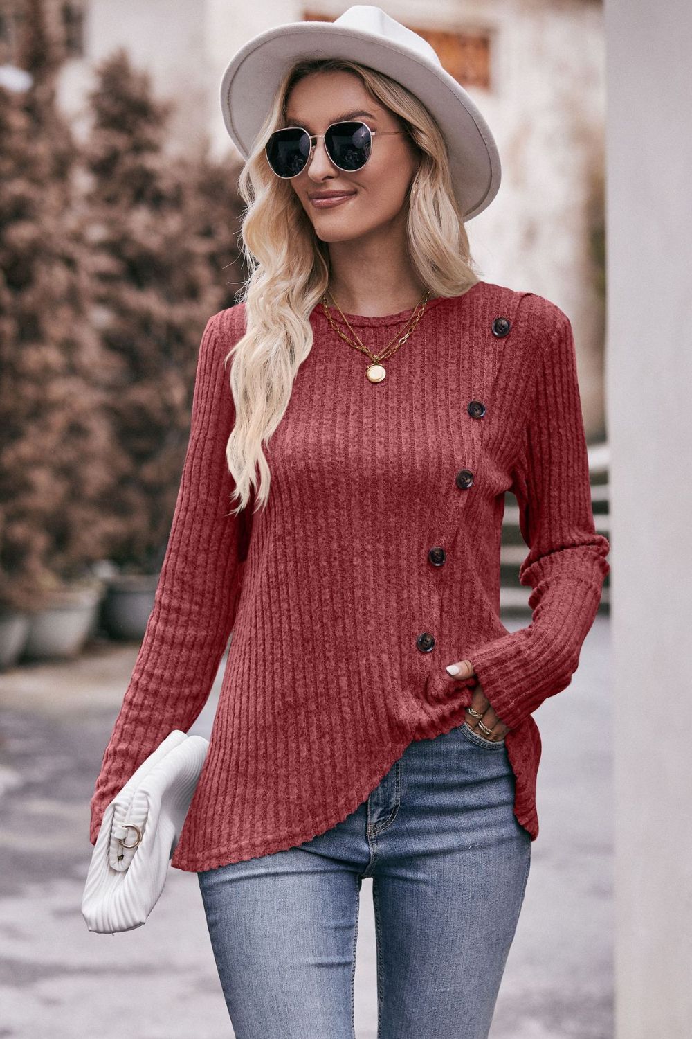 Full Size Ribbed Round Neck Buttoned Long Sleeve Tee