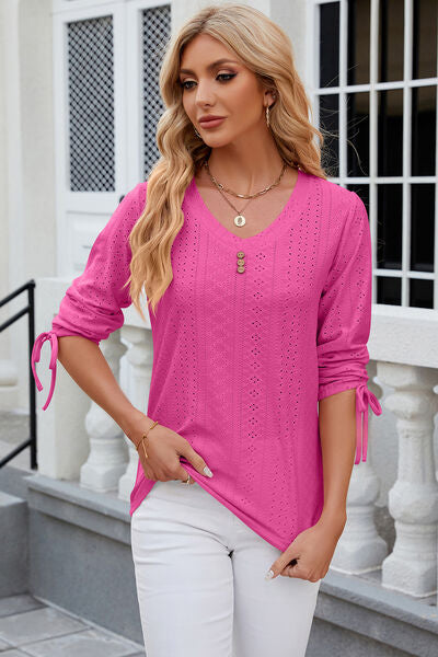 Eyelet Drawstring V-Neck Half Sleeve T-Shirt