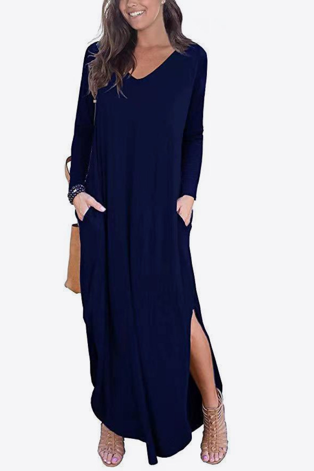 Women's Full Size Split Long Sleeve V-Neck Maxi Dress