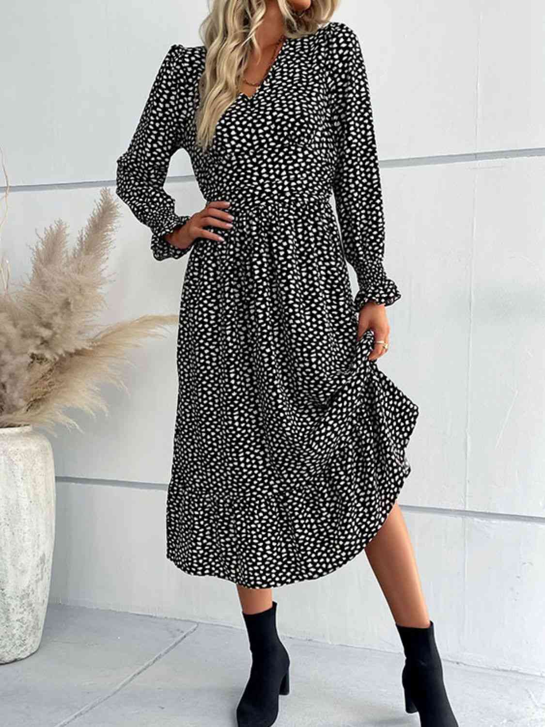 Printed Flounce Sleeve V-Neck Black Midi Dress