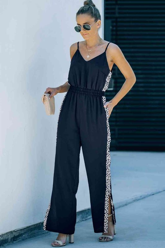 Black Leopard Contrast Spaghetti Strap Wide Leg Jumpsuit