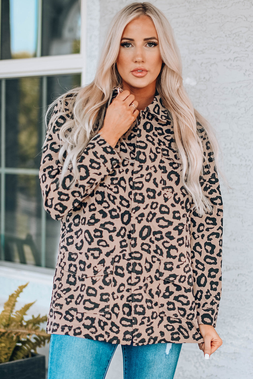 Full Size Leopard Drawstring Waist Jacket with Pockets