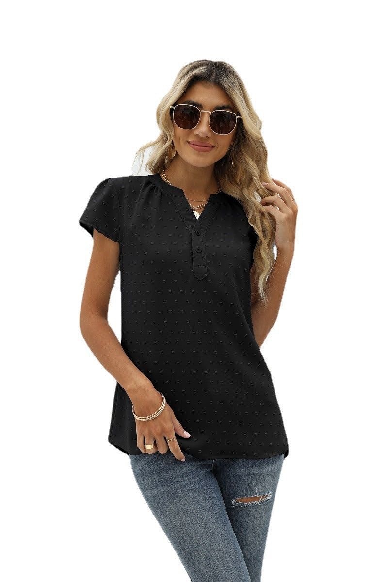 Full Size Swiss Dot Notched Neck Short Sleeve Top