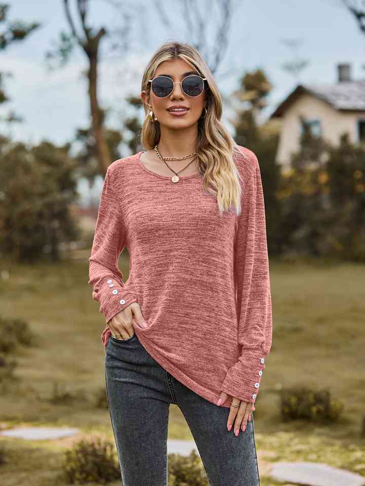 Full Size Round Neck Long Sleeve Buttoned T-Shirt