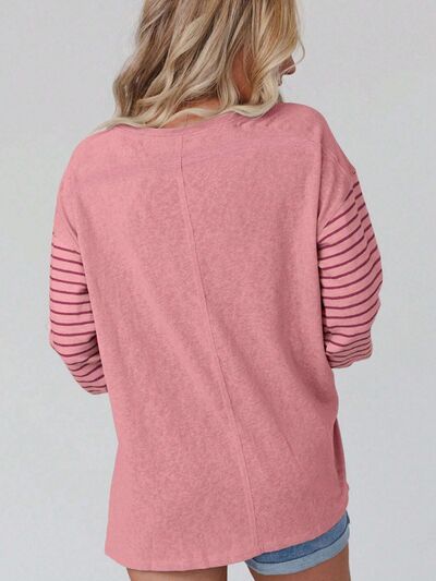 Round Neck Striped Long Sleeve Slit T-Shirt