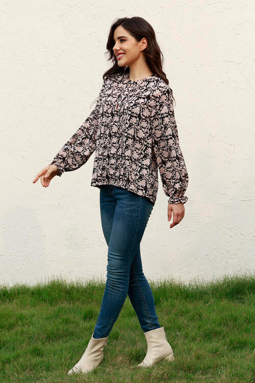 Black Floral Flounce Sleeve Round Neck Blouse