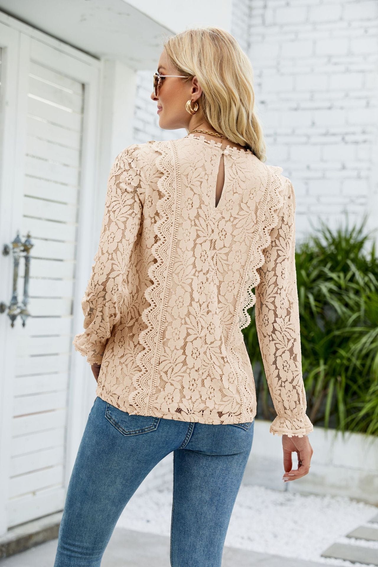 Full Size V-Neck Flounce Sleeve Lace Top