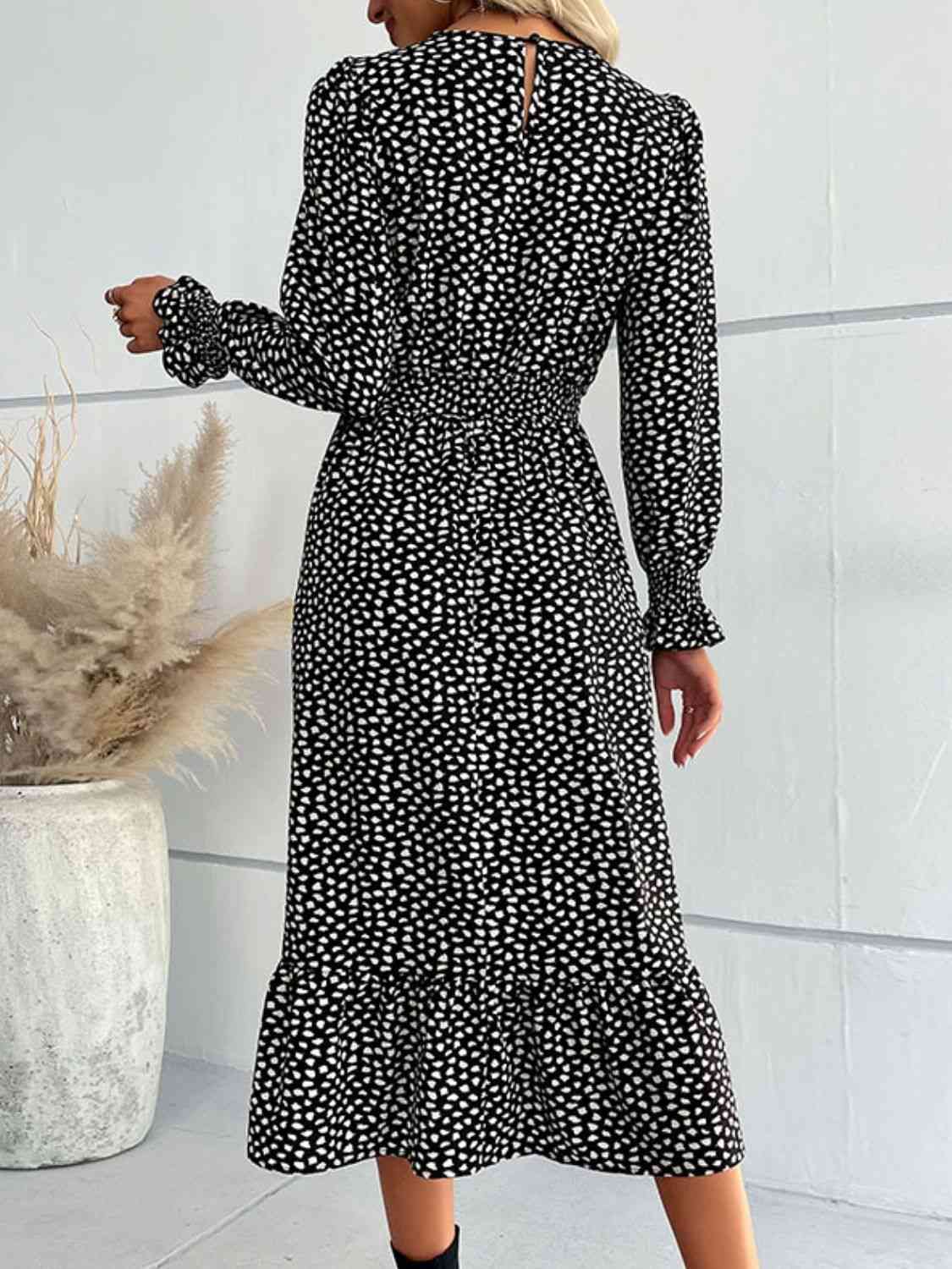 Printed Flounce Sleeve V-Neck Black Midi Dress