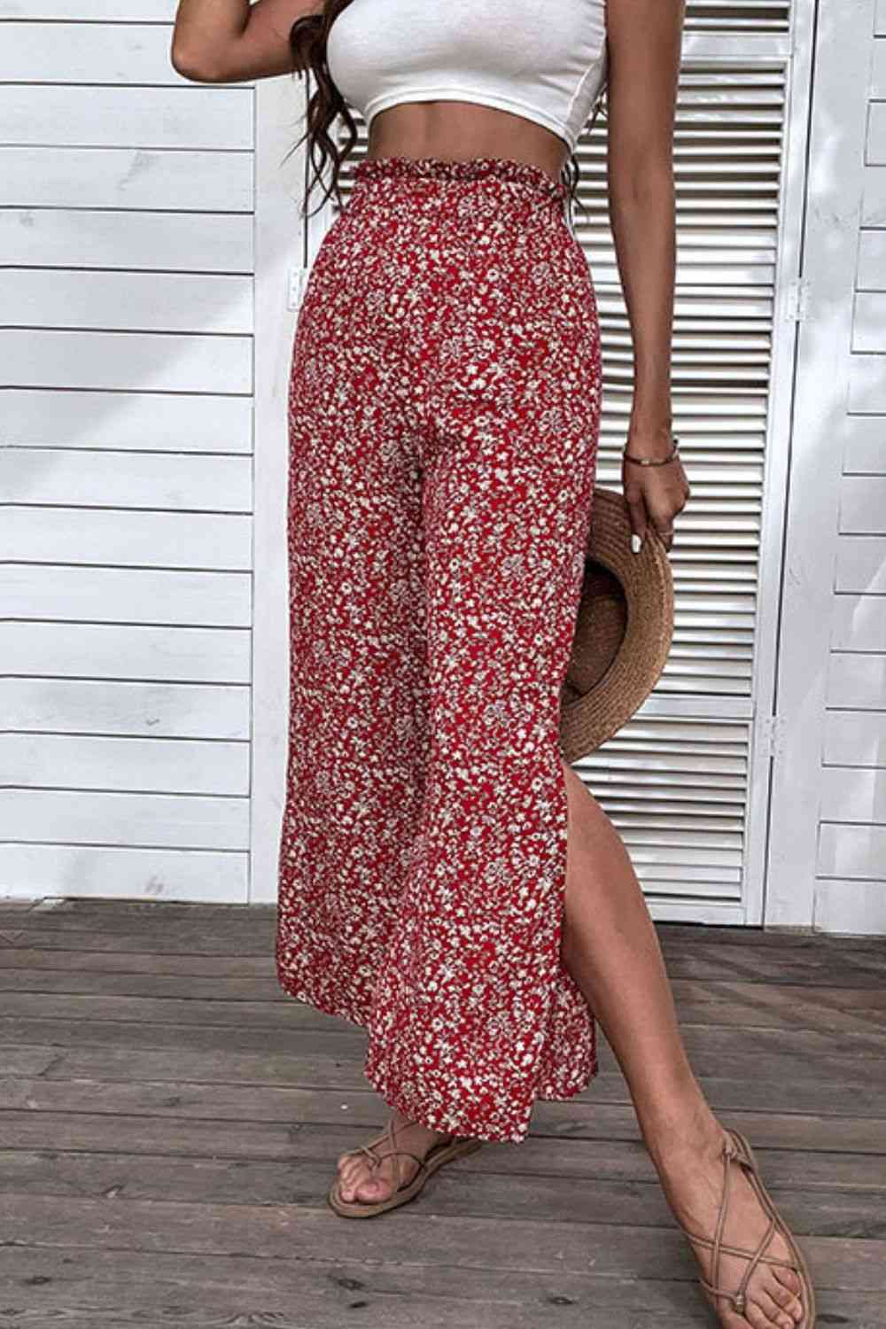 SeaKnickers Ditsy Floral Slit Paperbag Waist Red Wide Leg Pants