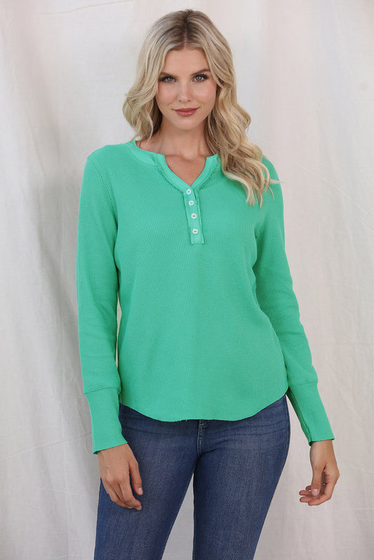 Cool Blues Full Size Buttoned Notched Neck Long Sleeve Teal T-Shirt