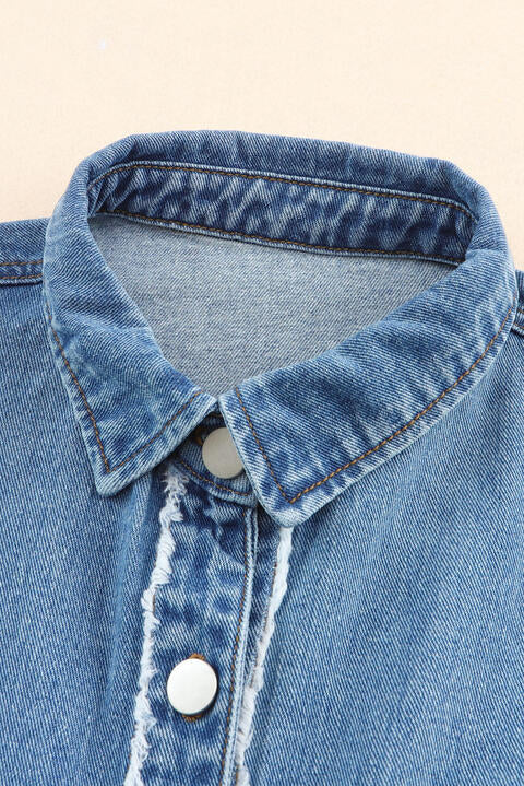 Misty Blue Raw Hem Button Up Denim Jacket with Breast Pockets