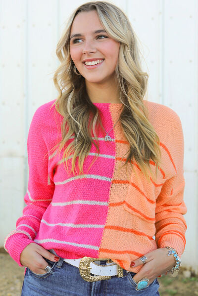 Striped Pocketed Dropper Shoulder Sweater