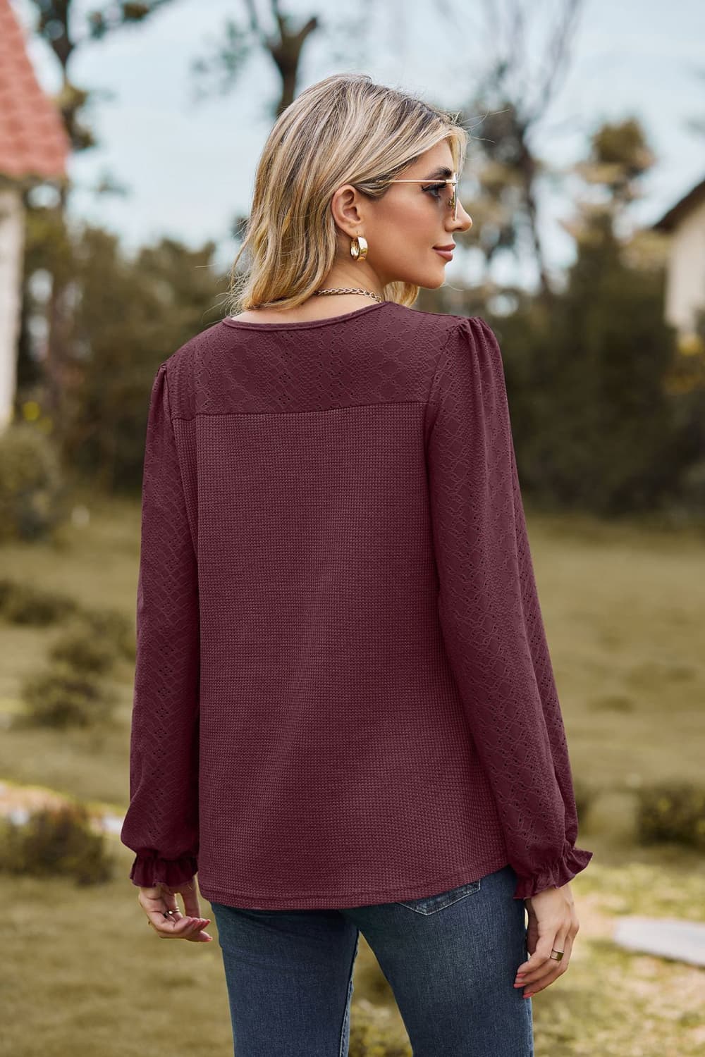 Full Size Round Neck Puff Sleeve Blouse