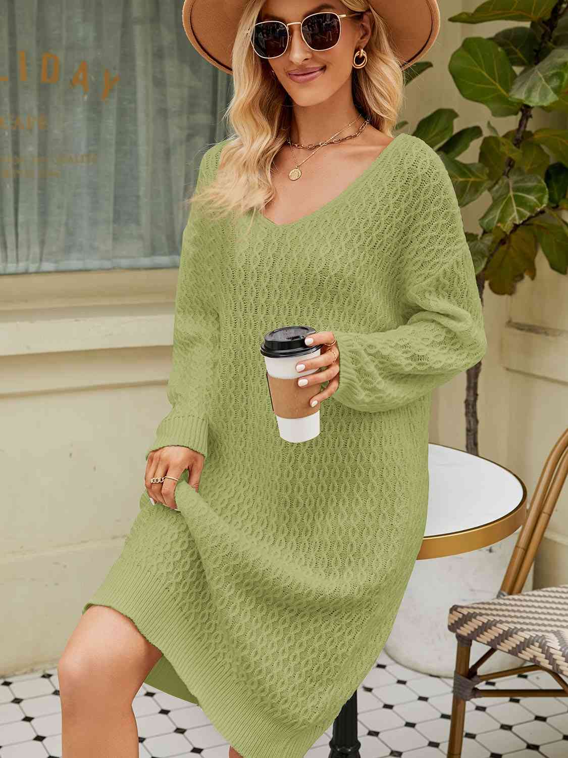 CozyWonders V-Neck Long Sleeve Sweater Dress