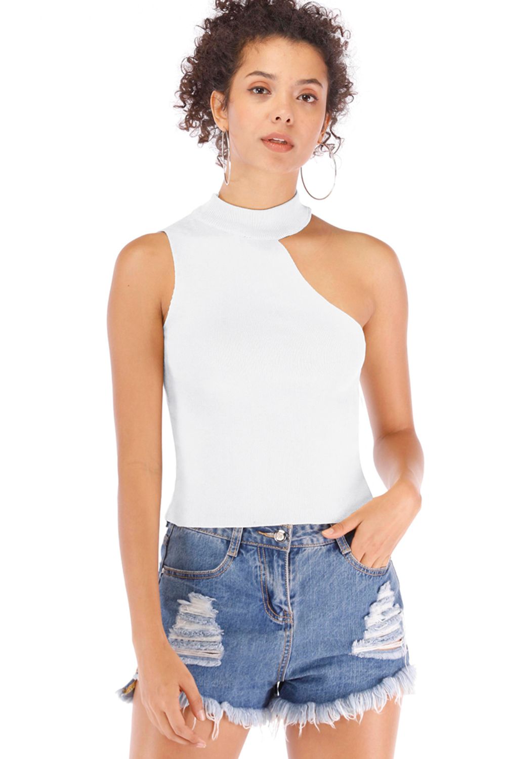 OCEAN CHIC Asymmetrical Sleeveless Rib-Knit Top