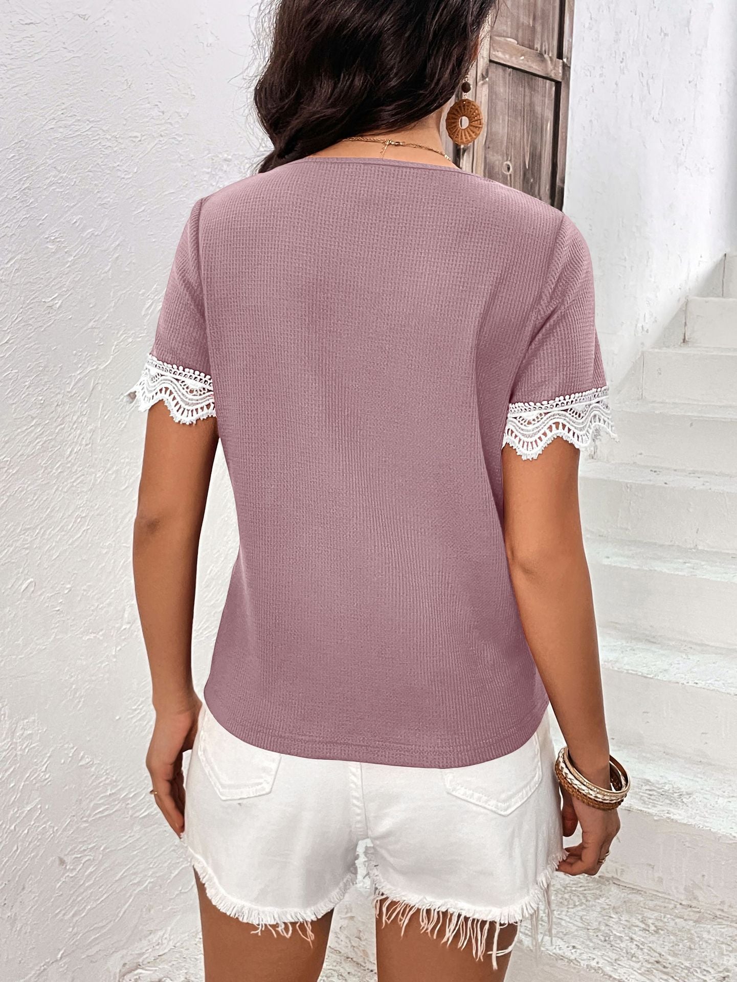 Women's Decorative Button Spliced Lace Short Sleeve Top