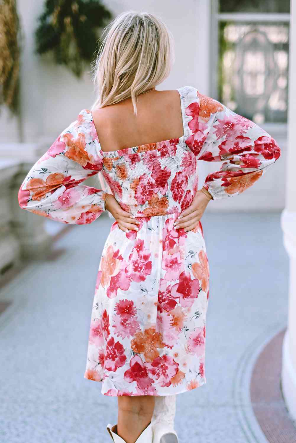 Floral Smocked Square Neck Long Sleeve Dress