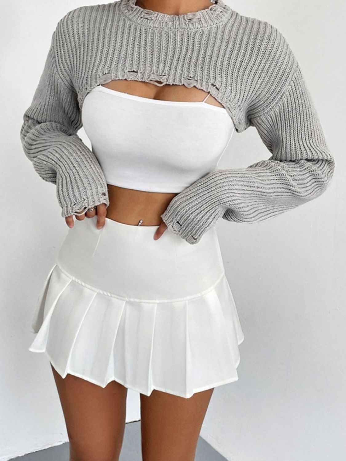 Full Size Distressed Long Sleeve Cropped Sweater