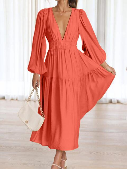 Cora Lea Deep V-Neck Balloon Sleeve Plain Maxi Dress